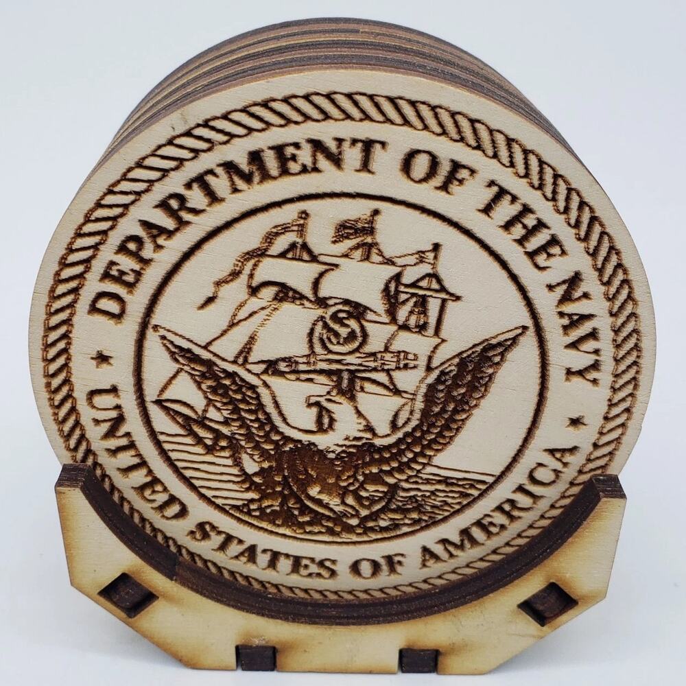 Wood Coasters w/Holder‎ U.S. Navy Logo Wood Burned. Desktop. Office. Decor. NICE